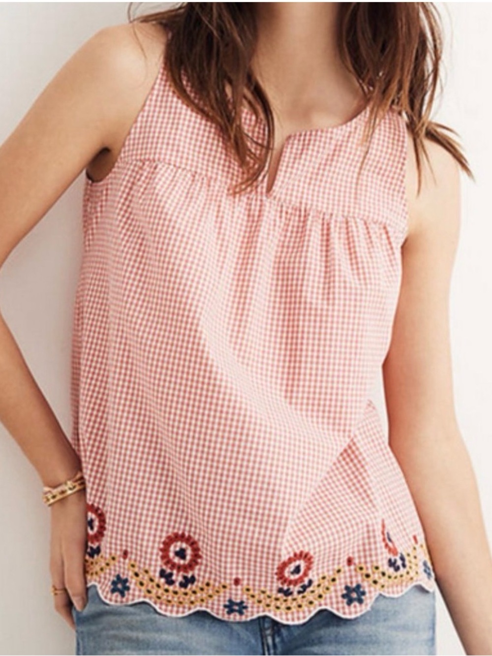 Madewell Embroidered Pink/White Gingham Cotton Tank Top Sz M